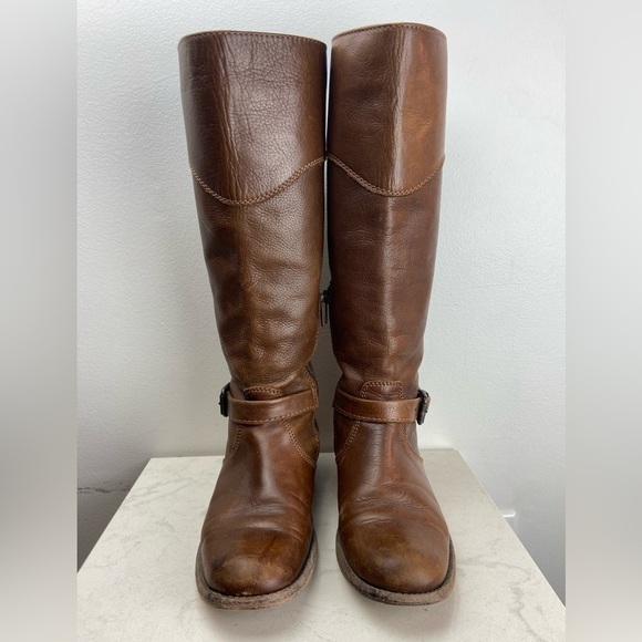 FRYE Phillip Pebbled Leather Knee High Roding Boots Brown Buckle - Picture 5 of 16